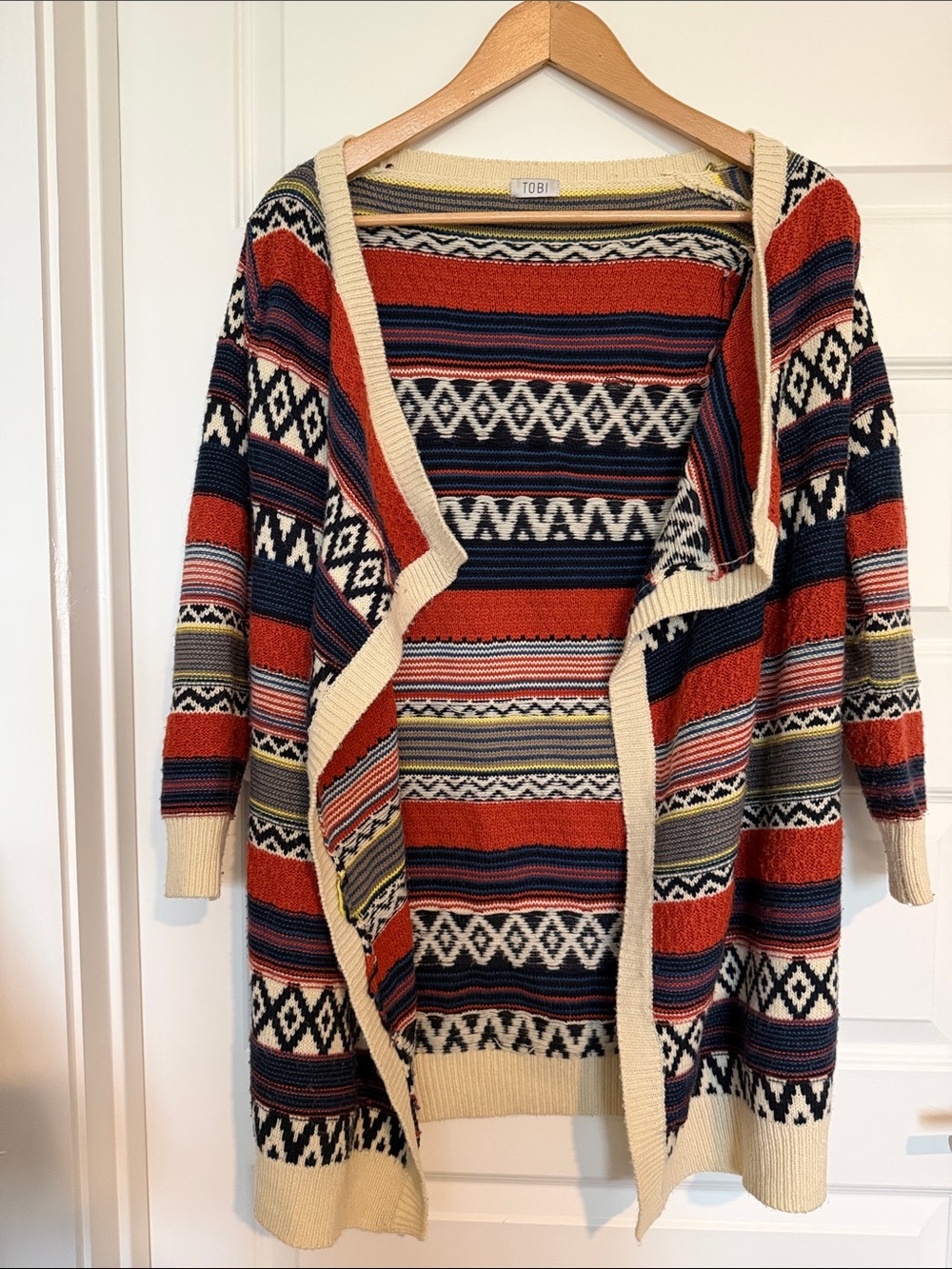 Tobi black & cream geometric patterned open-front Cardigan